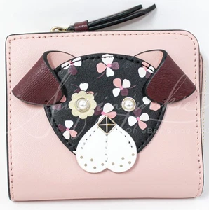 Kate Spade Floral Mops Hund Leder klein L Reißverschluss Doppelfaltung Geldbörse rosa Ochsenblut neu - Bild 1 von 6