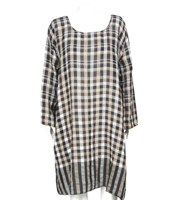 dosa Gingham Gray Beige Black Plaid Linen Khadi Cotton Shift Dress sz 2 /705 - Image 1 of 4