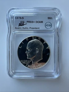 1976 S Eisenhower Dollar Silver ICG PR69+ DCAM Brilliant White AUSTIN HUTTO SIGN - Picture 1 of 5