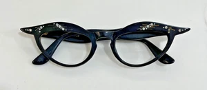 Marco de gafas de gato vintage patrón Francia y pedrería plástico negro - Imagen 1 de 10