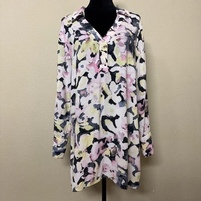 H&M Dress Womens Medium Pink Yellow Black Floral Print Long Sleeve Tunic Blouse - Image 1 of 4