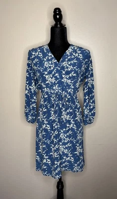 Vestido Tucker 100% Seda Botón Frontal Azul Floral Manga Globo Corbata Cintura Talla S Foto 1 de 4