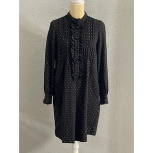 Jigsaw Womens 100% Wool Dress Sz 8 Butonned Pintuck Frill Neck Long Sleeve Black - Picture 1 of 9
