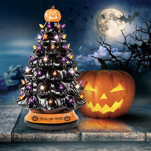 12" Halloween Tree Lights LED Night Lights Pumpkin & Purple Lamp Desk Decoration