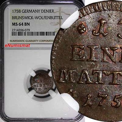Germany BRUNSWICK-WOLFENBÜTTEL 1758 1 Denier NGC MS64 BN TOP GRADED KM#948 (079) - Image 1 of 4