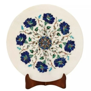 12" Round White Marble Serving Plate Lapis Stone Floral Art Dining Table Decors - Picture 1 of 8
