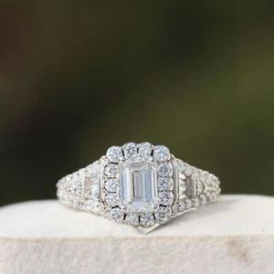 1.05Ct Emerald Cut Moissanite 925 Silver Halo Style Art Deco Vintage Unique Ring - Picture 1 of 5