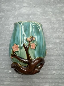 vintage antique MAJOLICA Pottery 5” Floral VASE Cherry Blossoms - Picture 1 of 15