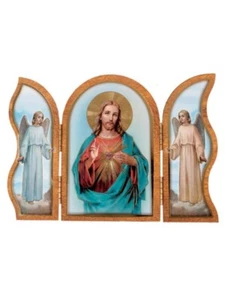 Sacred Heart of Jesus Deluxe Wood Triptych - 7 1/2 inches wide and 5 1/4 - Foto 1 di 1