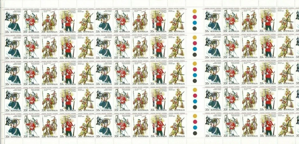 Sellos Australia 1985 uniformes militares conjunto de 5 hoja completa 100 inc canaleta Foto 1 de 1