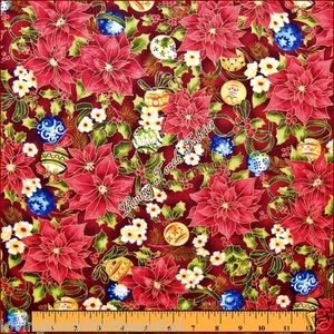 PAINTBRUSH STUDIOS CHRISTMAS POINSETTIA ORNAMENTS FABRIC 1/2 YARD (18" X 45") - Picture 1 of 1