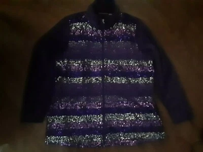 Quacker Factory Purple Velour Sequined & Lace Collared Zip Jacket Size L NWOT - Image 1 of 4