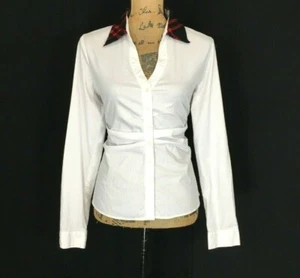 Tahari Top LARGE White Long Sl V Neck Fitted Pleat Shirt Black Red Plaid Collar - Picture 1 of 6