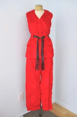Vtg 60s 70s red velvet cord 3-pc vest  jacket wide leg suit summer of love 12 - Image 1 of 4