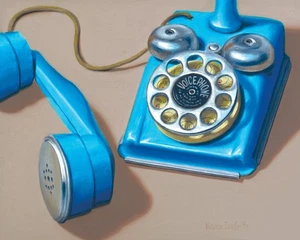 DANFORTH Blue Toy Phone, 8x10 still life realistic original oil painting retro - Picture 1 of 4