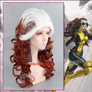 X-Men Rogue Anna Marie Cosplay Wig 23" Long Curly Wavy Wigs Brown Mixed White - Picture 1 of 5