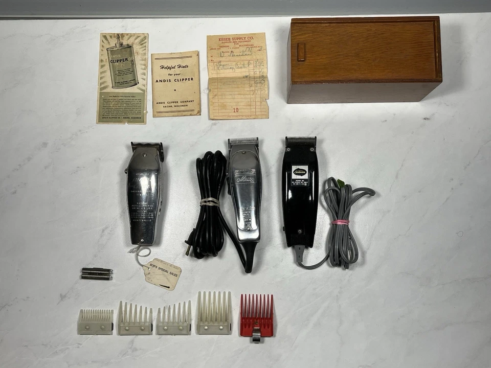 Lote de cortapelos vintage Andis Chief, Master ML, Sunbeam exhibición de peluquería de colección Foto 1 de 4