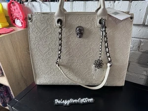 New Betsey Johnson Cream White Skulls Roses Large Tote Bag Pouch Viral Halloween - Picture 1 of 2