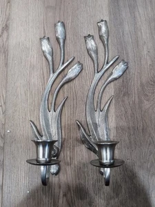 Coppia applique vintage metallo portacandele decorazione parete fiori grandi 13''H - Bello!! - Foto 1 di 4