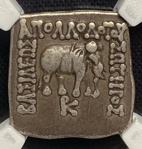 Bactria Indo-Griegos 180-160 aC Elefante de Plata India AR Dracma Apolodoto I NGC - Imagen 1 de 5
