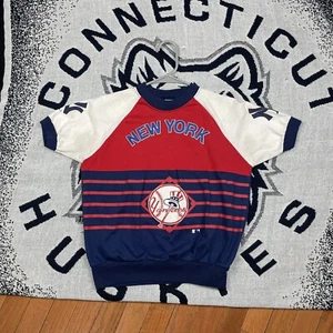 VTG 80s Garan New York Yankees Color Block Short Sleeve Sweatshirt YOUTH LARGE - Picture 1 of 13
