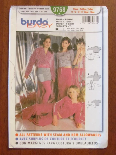 BURDA PATTERN - 9768 GIRL'S TEEN JACKET HOODIE TOP T-SHIRT JUNIOR 11-16jun UNCUT - Image 1 of 2