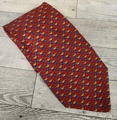 Salvatore Ferragamo Mens Silk Necktie Red  Gold Blue Pheasant Birds - Image 1 of 4