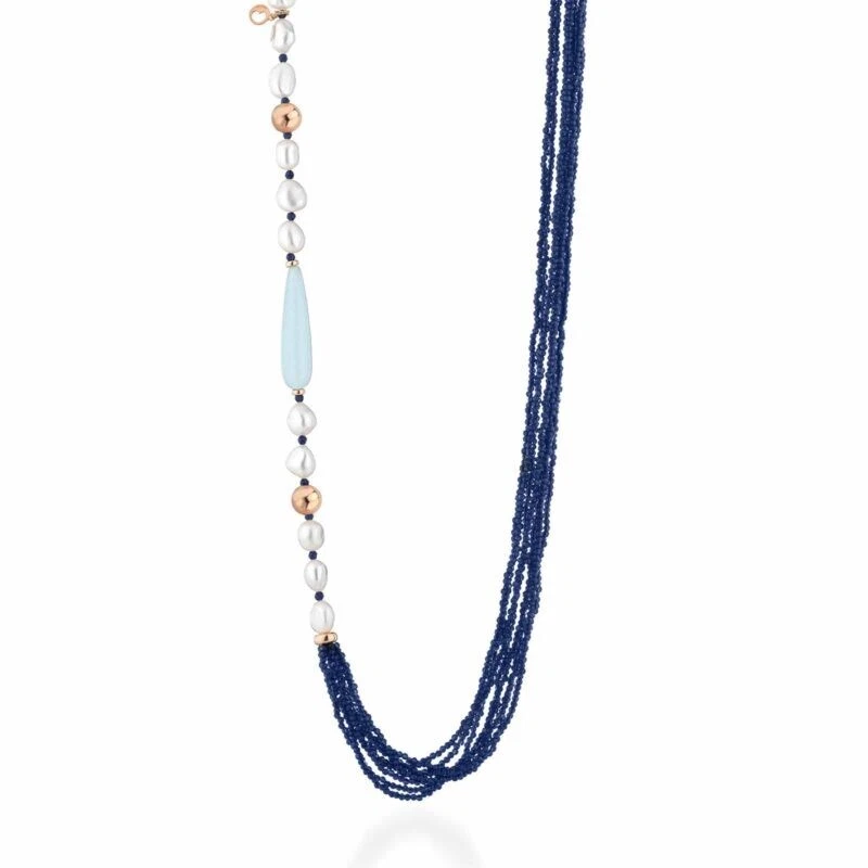 Collana con perle d’acqua dolce, argento rosa, spinello blu e giada azzurra - Immagine 1 di 1