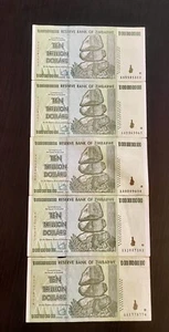5 x 10 Trillion Zimbabwe Dollars Banknotes AA 2008 Currency 100 % Authentic - Picture 1 of 6