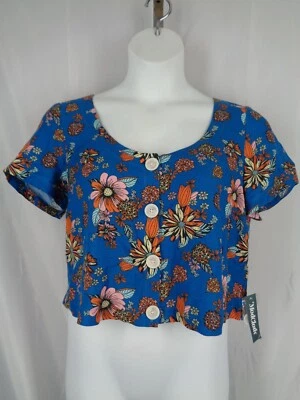 Modcloth Blue Floral Crop Top Size XL Linen Blend Button Blouse New - Image 1 of 4