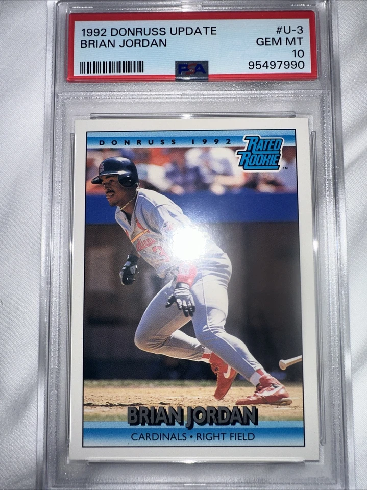 1992 年 DONRUSS 更新 #U-3 BRIAN JORDAN RC 评级新秀 PSA 10 B4053834-319 — 第 1/2 张图片