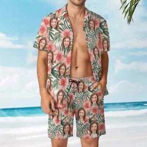 Conjunto Corto Camisa Hawaiana Tropical Personalizada de San Valentín, Diseño Foto Cara Floral - Imagen 1 de 1