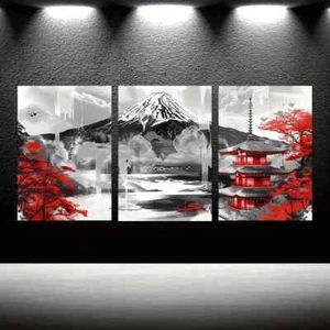 Lienzo de paisaje japonés Monte Fuji y Templo Rojo 3 piezas sin marco - Imagen 1 de 8