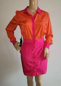 NWT Bebe Small Retro Orange Pink Color Block Button Up Silk Long Sleeve Dress - Picture 1 of 5