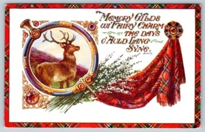 Auld Land Syne, Robert Burns Verse, Deer, Tartan, Heather, Antique Postcard - Imagen 1 de 2