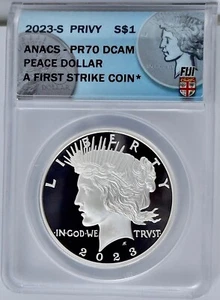 2023 S Fiji Peace dollaro argento ANACS PR70 DCAM primo colpo 1 oncia .999 S Privy - Foto 1 di 2