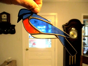 Karan Ram signed artist LEADED Stained Glass suncatcher blue bird 7.5x2.5''USA - Picture 1 of 4