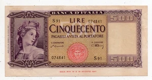 500 Lire - ORNATA di PIGHE - Cinquecento Lire BANCA D'ITALIA - 20. März 1947 - Bild 1 von 2