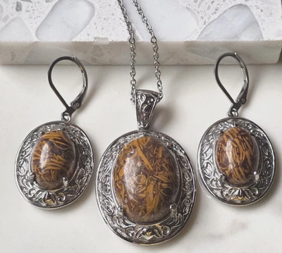 Colgante Coquina Jaspe y Pendientes a Juego en Acero Inoxidable 20 Pulgadas Foto 1 de 4