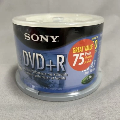 Paquete de 50 discos DVD+R genuinos SONY 75DPR47LS4 NUEVOS sellados 4,7 GB 120 minutos 1x-16x Foto 1 de 4