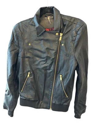 Chaqueta Free People Mujer L Negra Cuero Vegano Cremallera Motociclista Indie Sordidez Foto 1 de 4