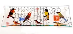 Serving Tray Sandwich Relish Song Birds Fused Art Glass Rectangular Stamps Text - Picture 1 of 18