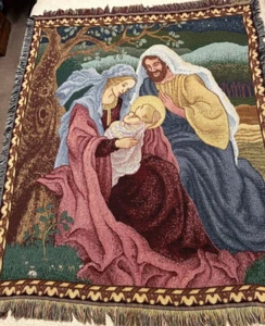 NATIVITY Woven Wall Tapestry SofaThrow Blanket Baby Jesus Mary Joseph Christmas - Picture 1 of 5