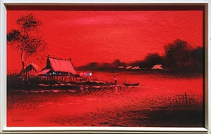 Painting Red Sunset Thailand Ocean Asian Signed Seetein Orig. Watercolor - Picture 1 of 17
