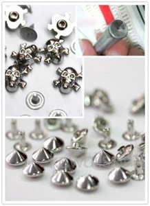 300pz borchie a cono con rivetto 9mm ARGENTO+ 6pz teschio argento + Applicatore - Picture 1 of 1