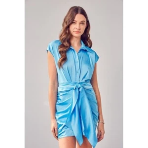 NEW DO + BE Blue satin collar dress tie front ruched mini holiday party size M - Picture 1 of 10