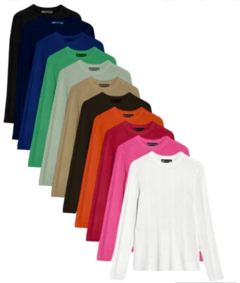 EX M&S Ribbed Crew Neck Top Jumper Ladies Knitted Fitted Long Sleeve Top  - Image 1 of 4