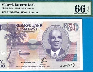 MALAWI-50 KWACHA-1994-SERIAL NUMBER 994570-PICK 28b **PMG 66 EPQ GEM UNC** - Picture 1 of 3