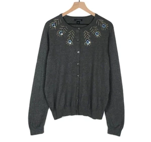 LANDS END Cotton Cashmere Cardigan Sz L Gray Peacock Embroidered Button Crew L/S - Picture 1 of 10