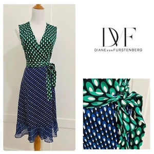 Size 2 DVF Diane von Furstenberg BETHANIE Colorblock Dot Silk Wrap Dress - Picture 1 of 15